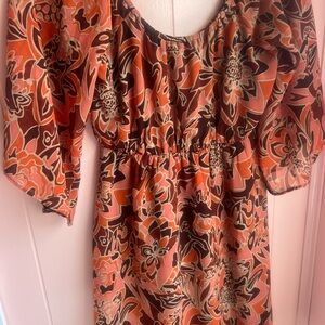Judith March Vibrant Floral Midi Dress in Orange and Brown boho, peasant fashion